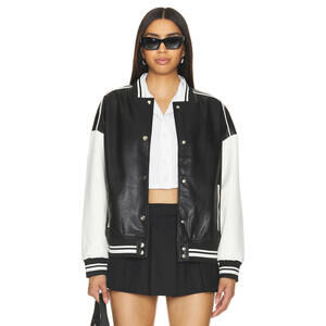 Superdown Parker Faux Leather Varsity Jacket Black White Bomber S NWT $120msrp